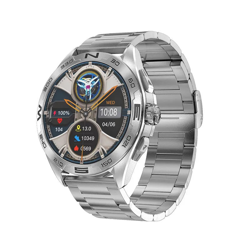 Smart watch for men displaying health metrics on an IPS screen, shown in black steel finish.