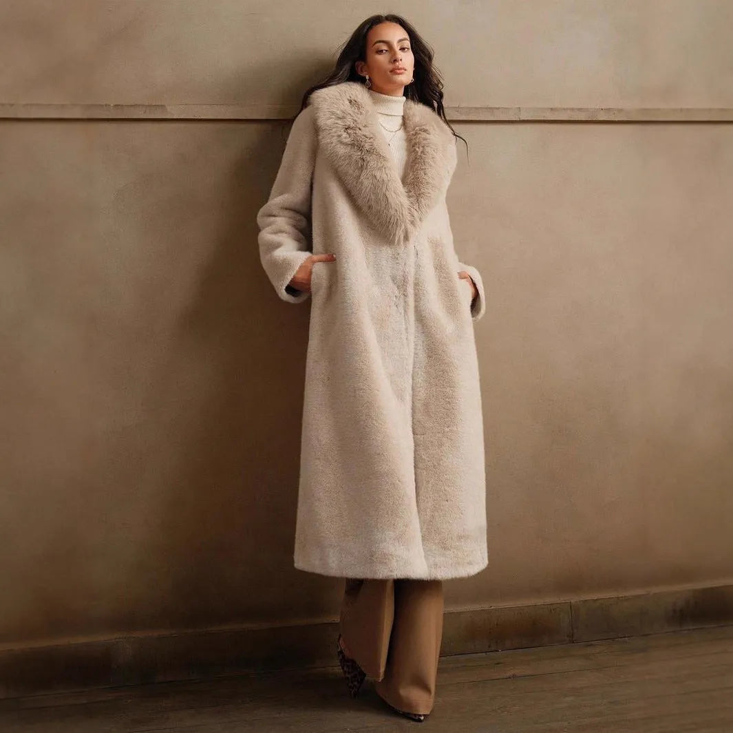 Women's long faux fur coat in wine red colour with extended 100cm length