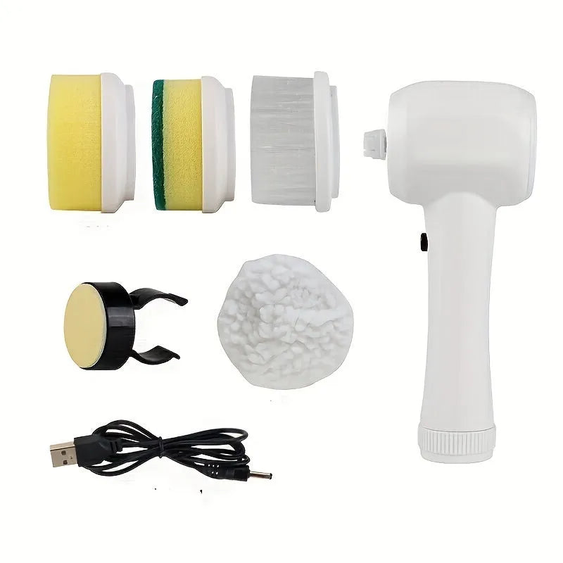 5 in 1 multifunctional electric brush cleaner in purple colour with rotary head attachments for bathroom and kitchen cleaning