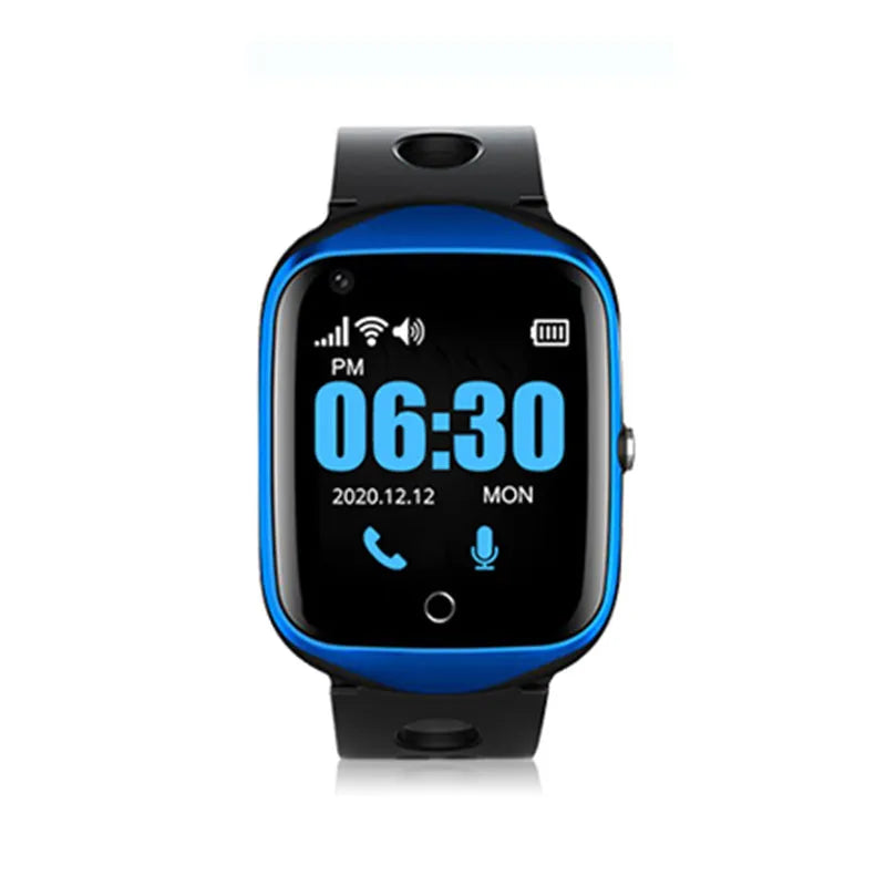 Black elderly safety smart watch showing a square colour screen with GPS and SOS icons on the display.