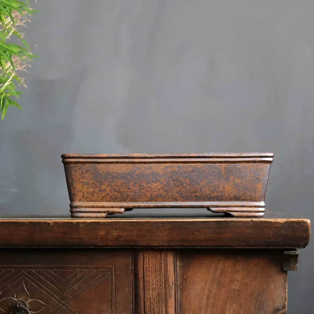 A rectangular purple sand bonsai pot with a textured firewood burning pattern, shown in two sizes.