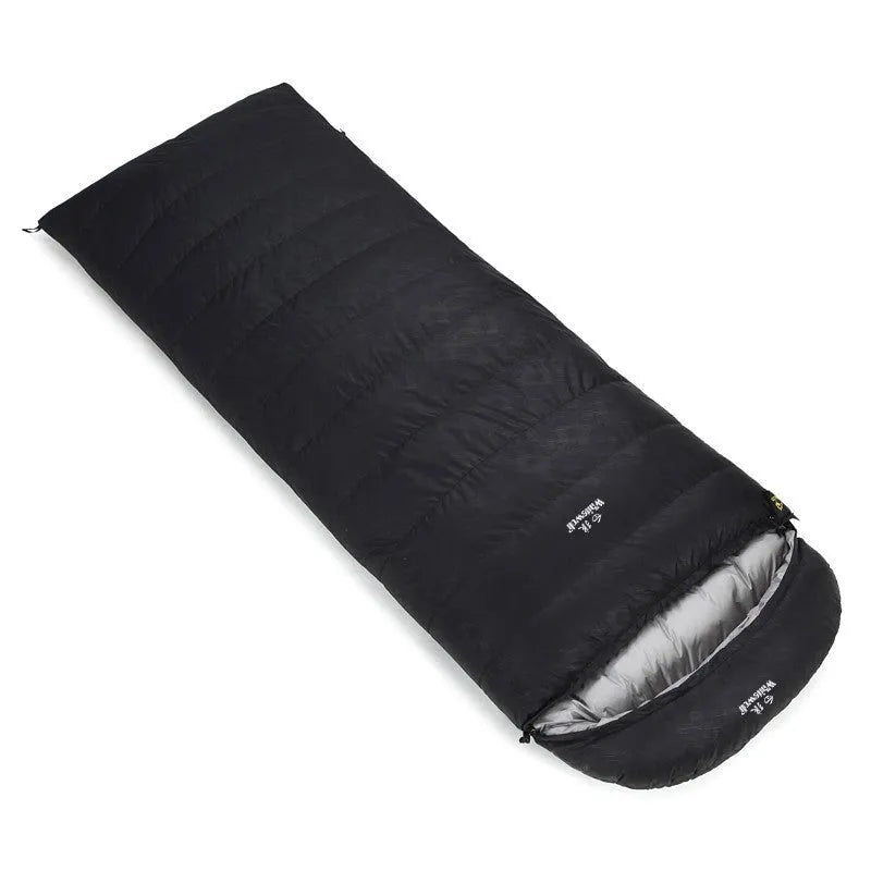 Black outdoor sleeping bag filled with white goose down and made from tear-resistant nylon.