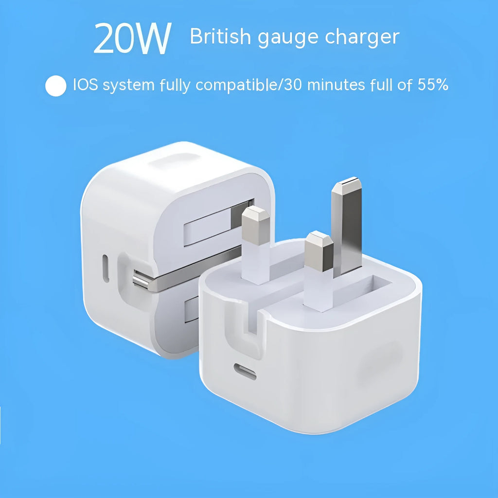 White British 20W PD fast charger with USB-C cable for mobile phones
