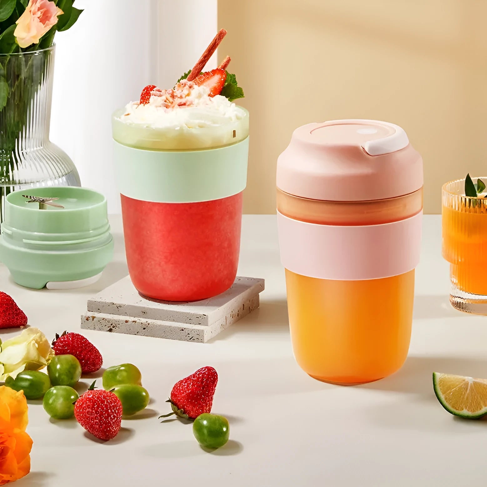 Grape purple portable rechargeable blender cup with lid, 400ml capacity, shown with USB cable.