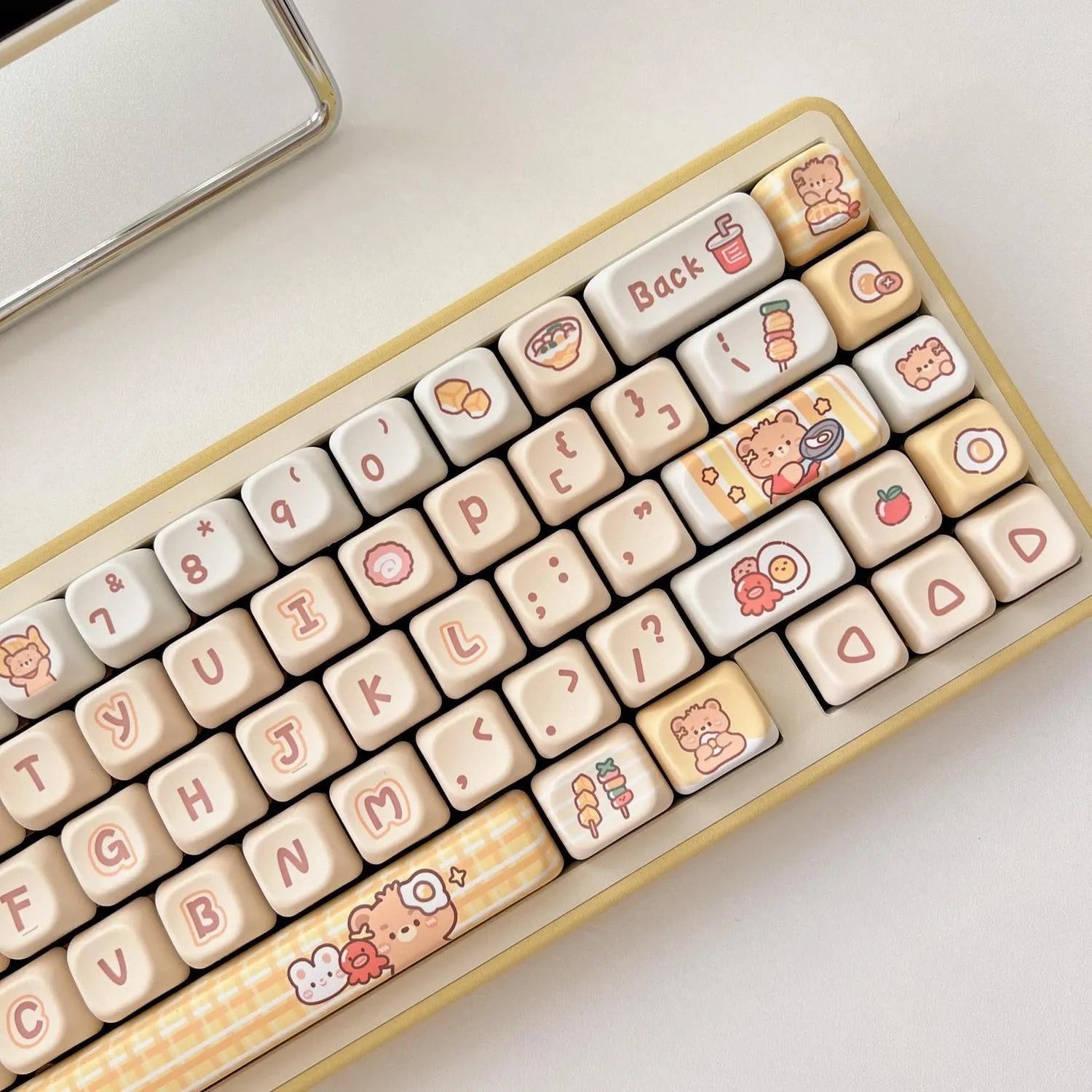 Set of 140 PBT plastic keyboard keycaps with Rabbit Bear Restaurant design in EOA height profile.