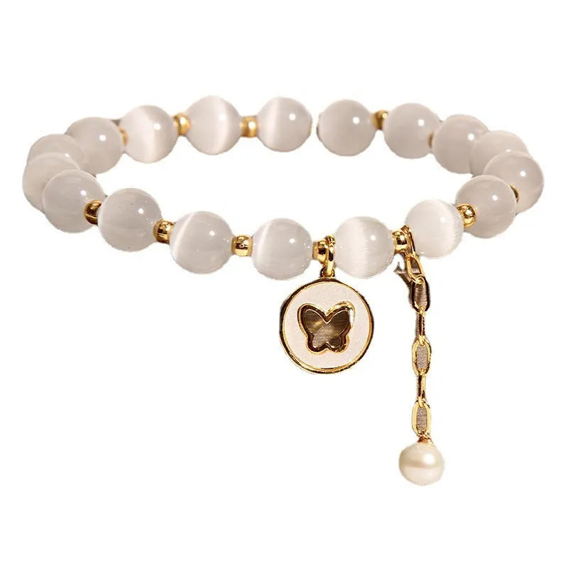 White cat's eye crystal bracelet with geometric design, Korean-style women's jewellery