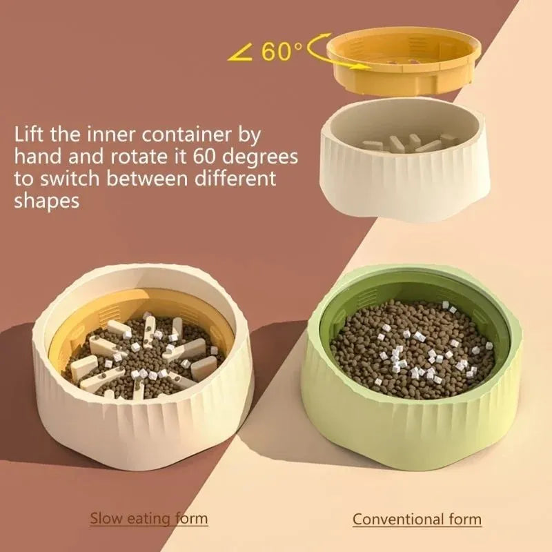 Slow feed pet bowl with removable obstacles in blue, green, pink or white