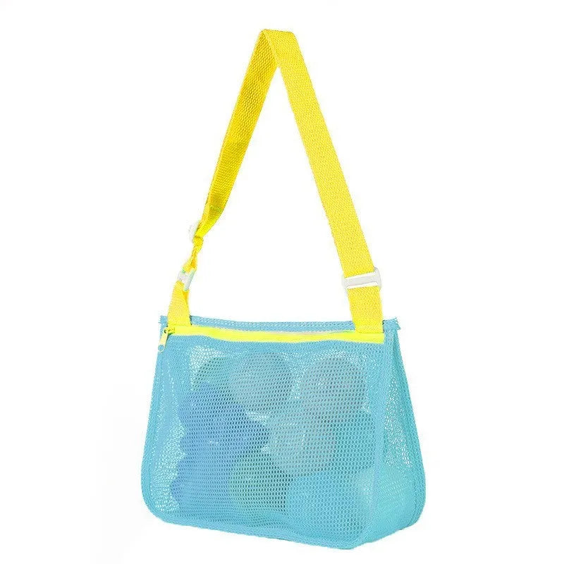 Blue nylon mesh travel storage organiser bag for children's toys and clothing, sealed, measuring 20x25x8cm.