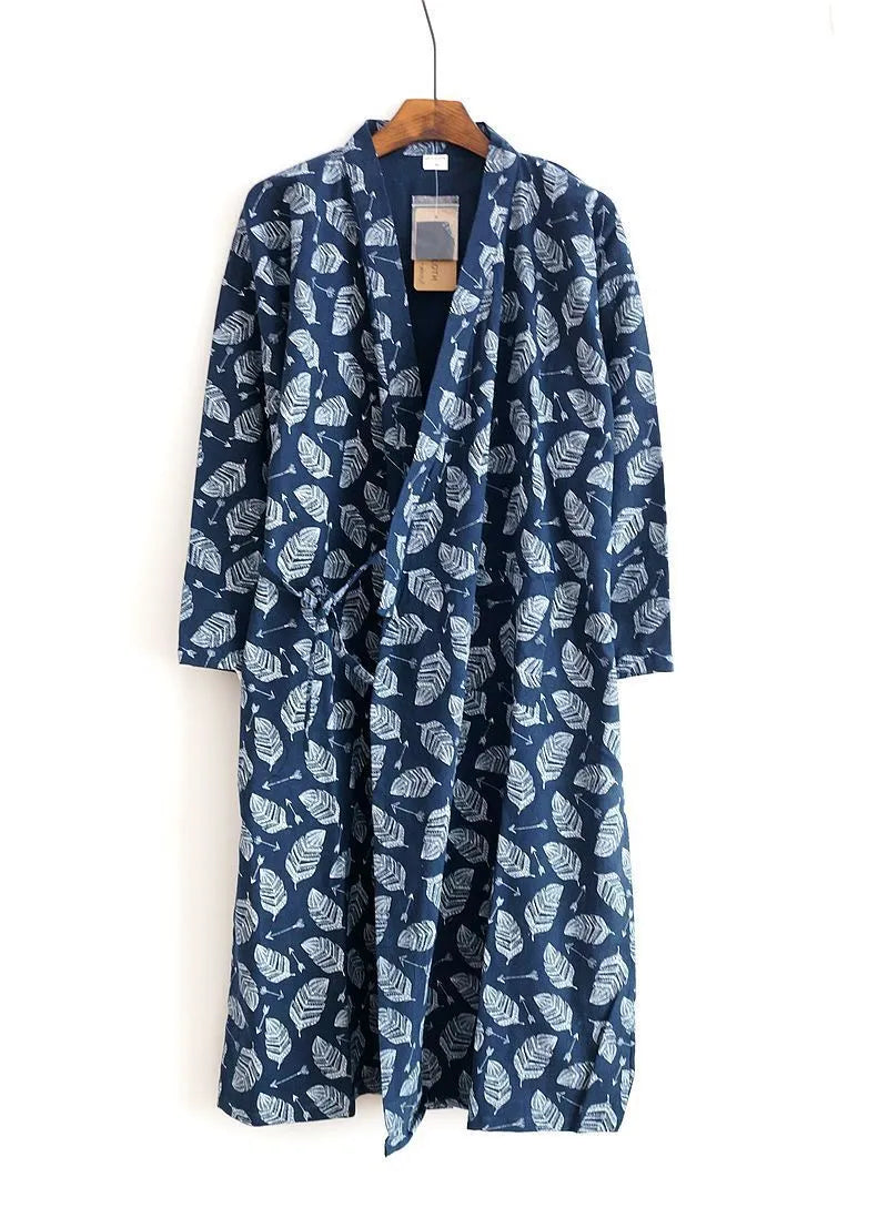 Men's cotton nightgown with leaf pattern in navy blue, home wear long sleeve