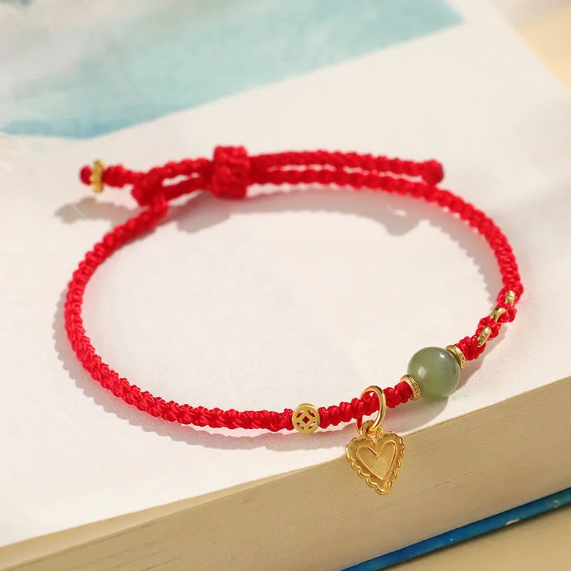 Handmade woven women's bracelet in 925 silver Hetian jade with red carrying strap