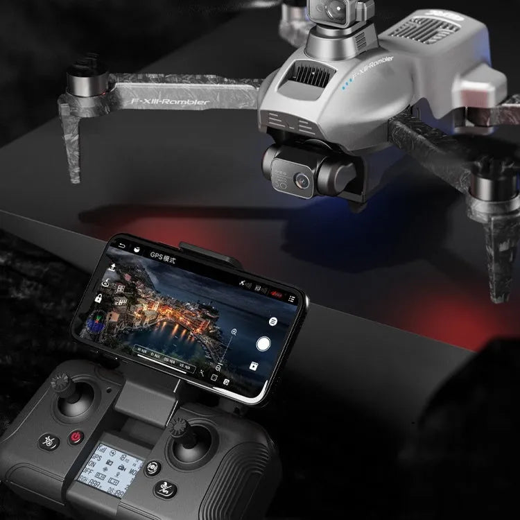 White folding quadcopter drone with brushless motors, obstacle avoidance sensors, and 4K camera shown with remote control and shoulder bag