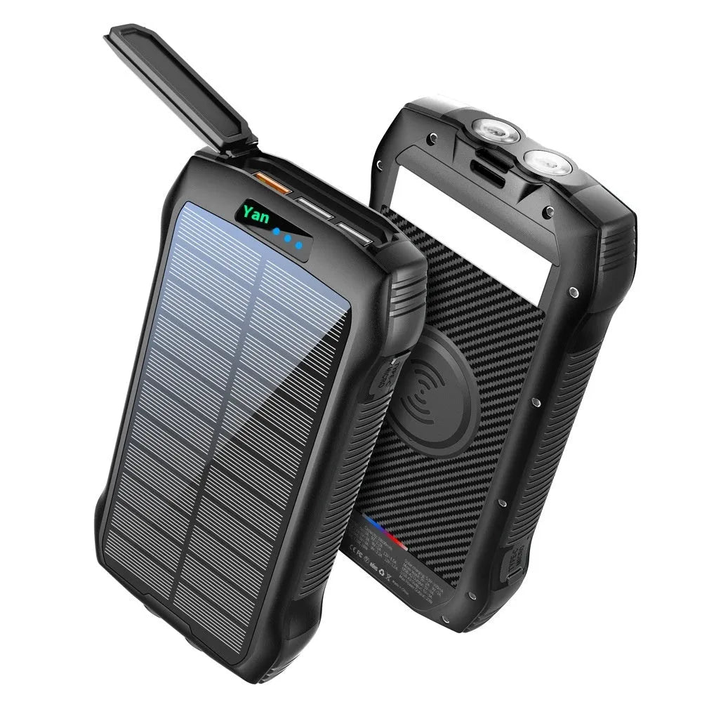 33500mAh portable solar power bank in black with plastic shell and LED light