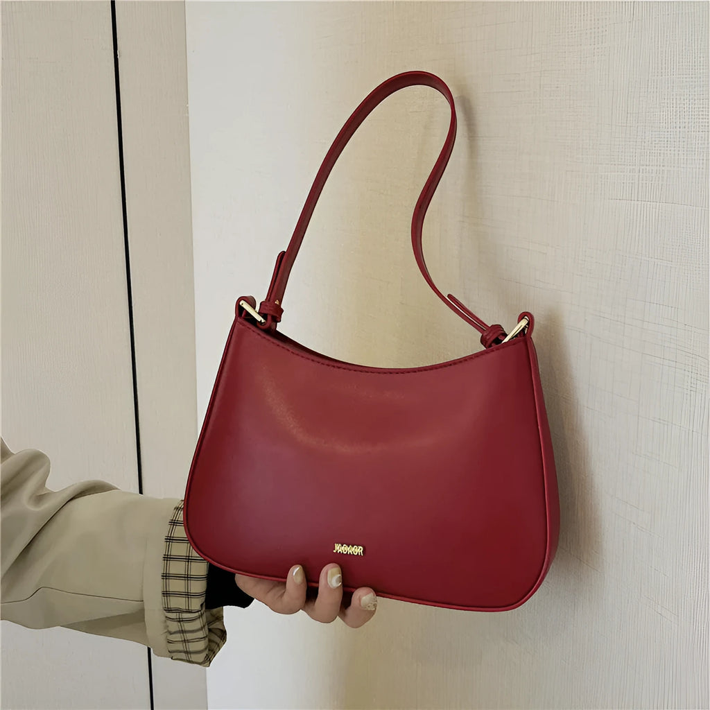 Retro women's cross-body underarm bag in PU leather, horizontal square shape, 25cm width, five colour options: black, caramel, khaki, white, wine red