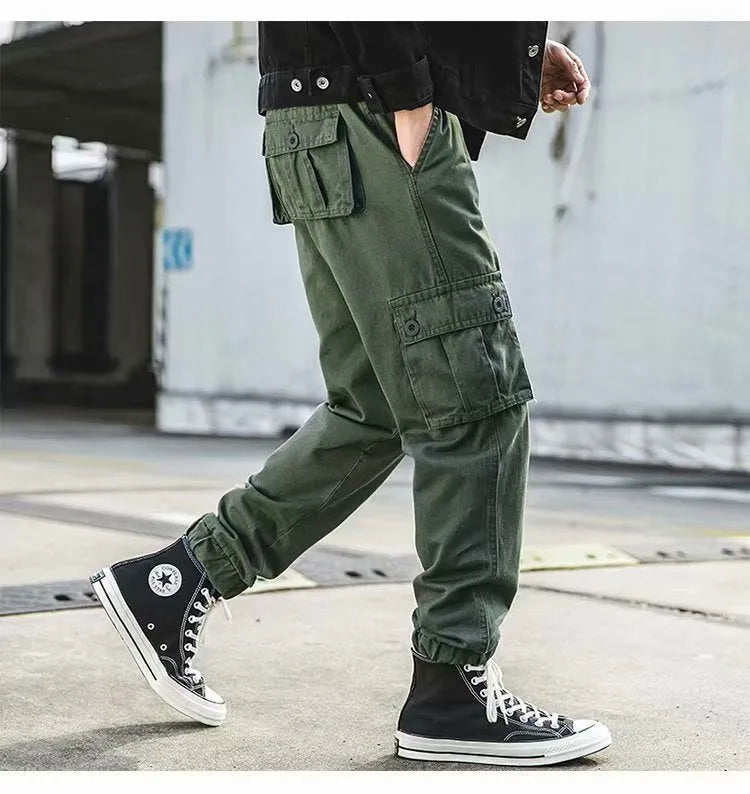 Men's black retro cotton loose cropped overalls with multi-pockets and ankle banded cuffs