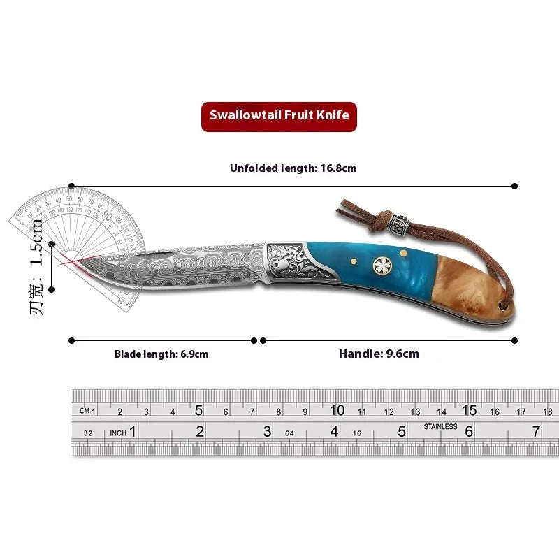 VG10 stainless steel folding pocket knife with a blue dovetail pattern handle.