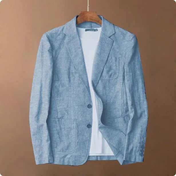 Men's solid colour linen suit jacket on a hanger, showing single-breasted front and size stick pocket detail.