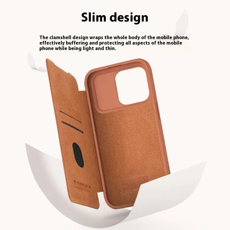Imitation leather flip phone case for iPhone 14 Pro Max and iPhone 15 models in black, brown or red