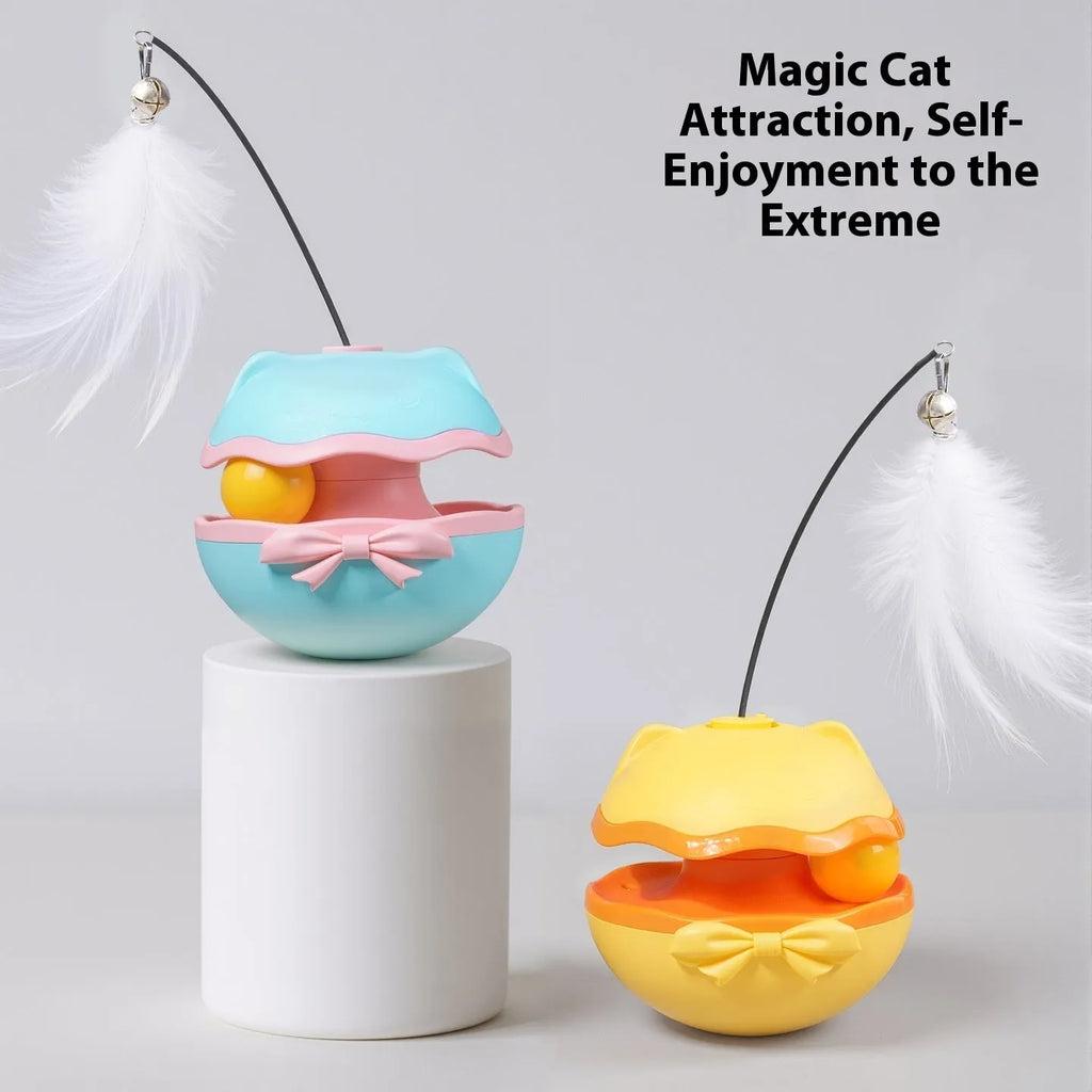 Electric plastic cat tumbler toy with a teasing stick in lemon yellow, blue, or grey.