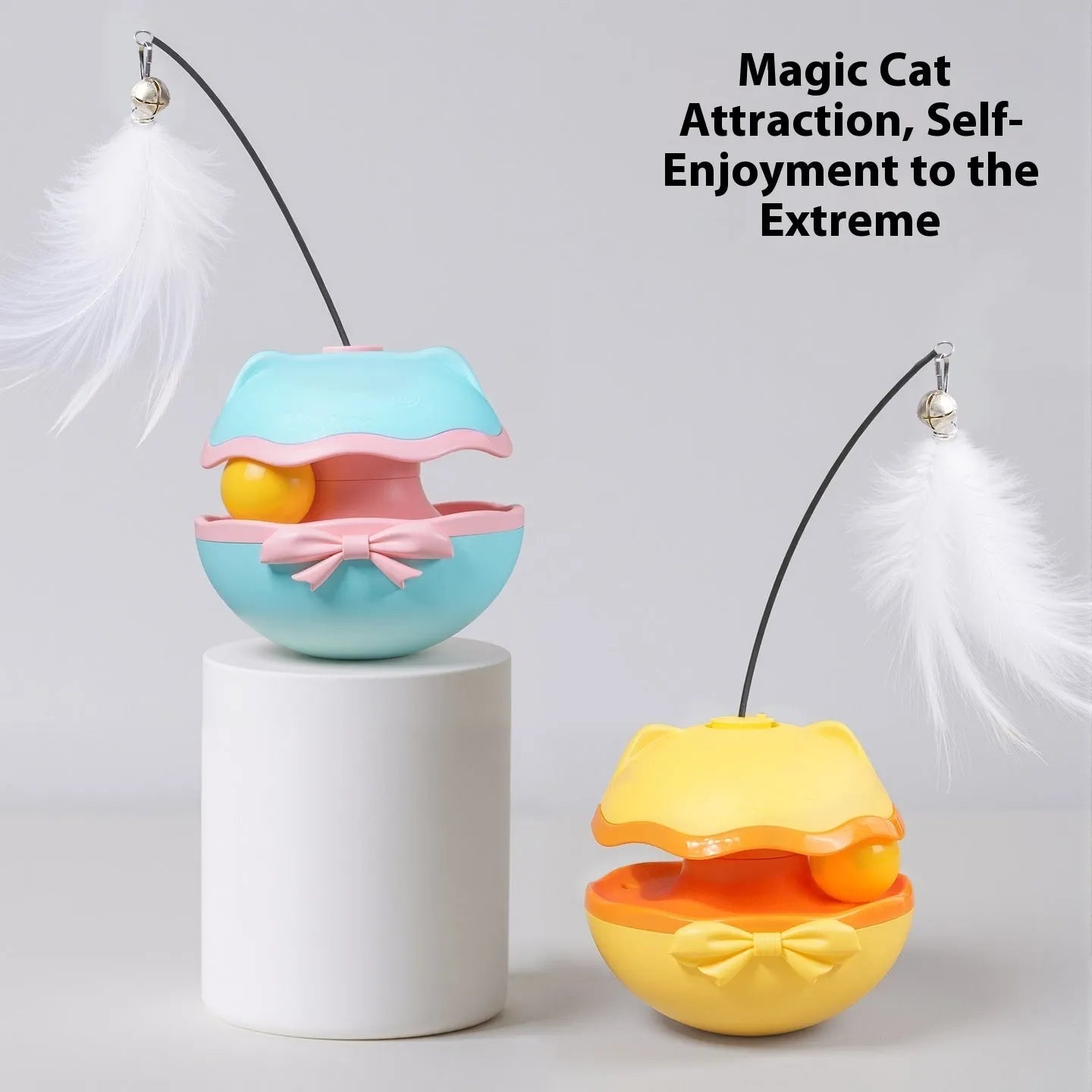 Electric plastic cat tumbler toy with a teasing stick in lemon yellow, blue, or grey.