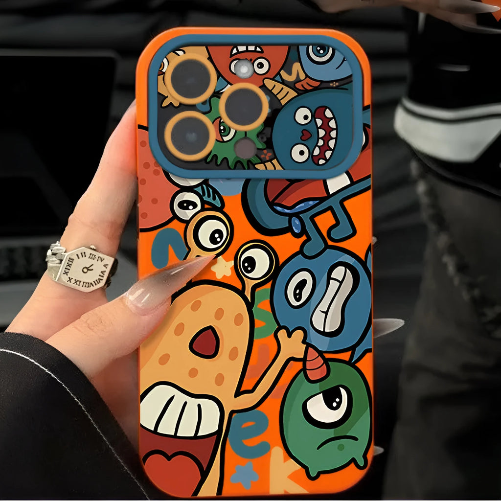 Cartoon little monster silicone phone case with mirror finish in orange colour for iPhone 14