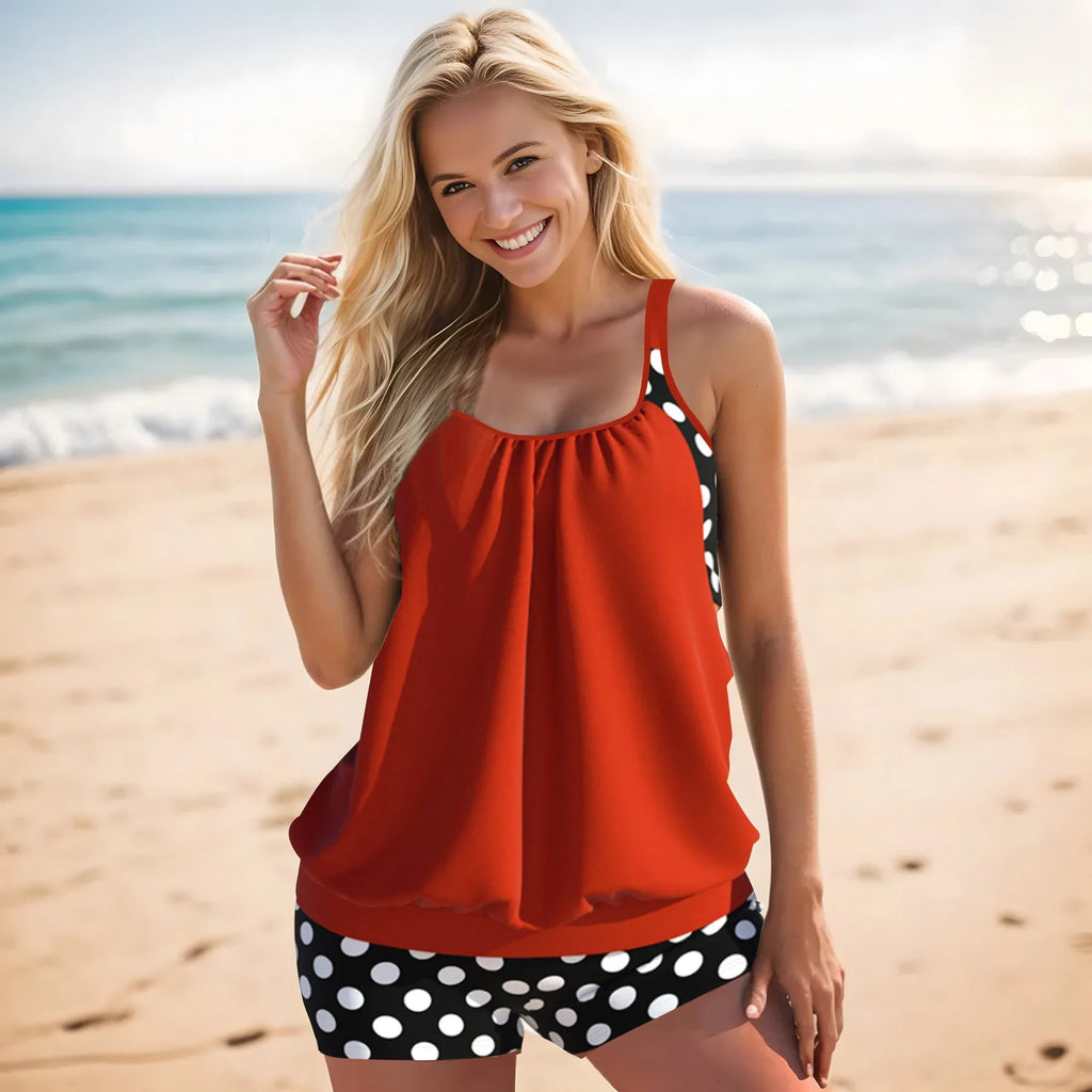 Women's black polka dot two-piece swimsuit with high-waisted boxer briefs.