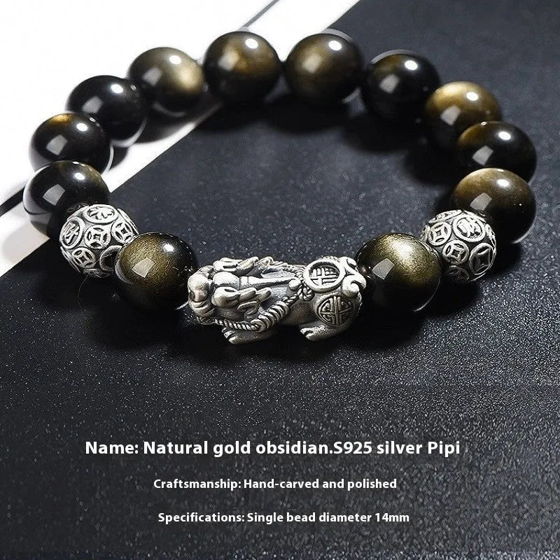 Natural obsidian bracelet in 999 sterling silver with geometric design and leather show finish