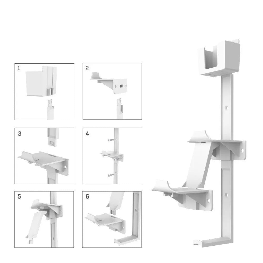 White and black wall-mounted hooks for storing gaming remote controls and controllers