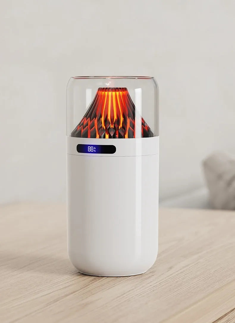 Volcano compact battery-powered USB humidifier in black with digital display on a desk