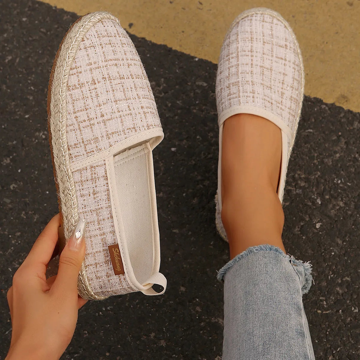 Canvas fisherman shoes with rope soles in black, white and milky white colours with flat heel round toe design