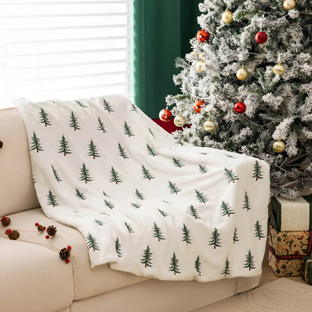 White polyester Christmas plush sofa blanket with embroidered Christmas tree decoration
