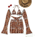 Leopard print split bikini swimsuit three-piece set for women with top, skirt, and panties