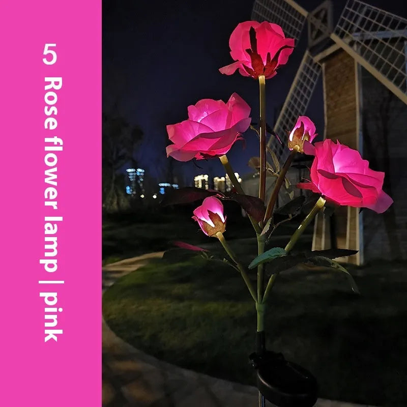 Flower-shaped solar lawn lamp with LED light for garden pathway illumination
