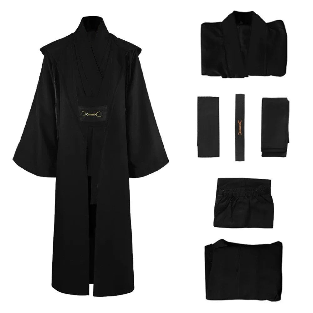 Polyester men's Halloween cosplay cardigan robe in brown with long sleeves and crepe-pressed texture