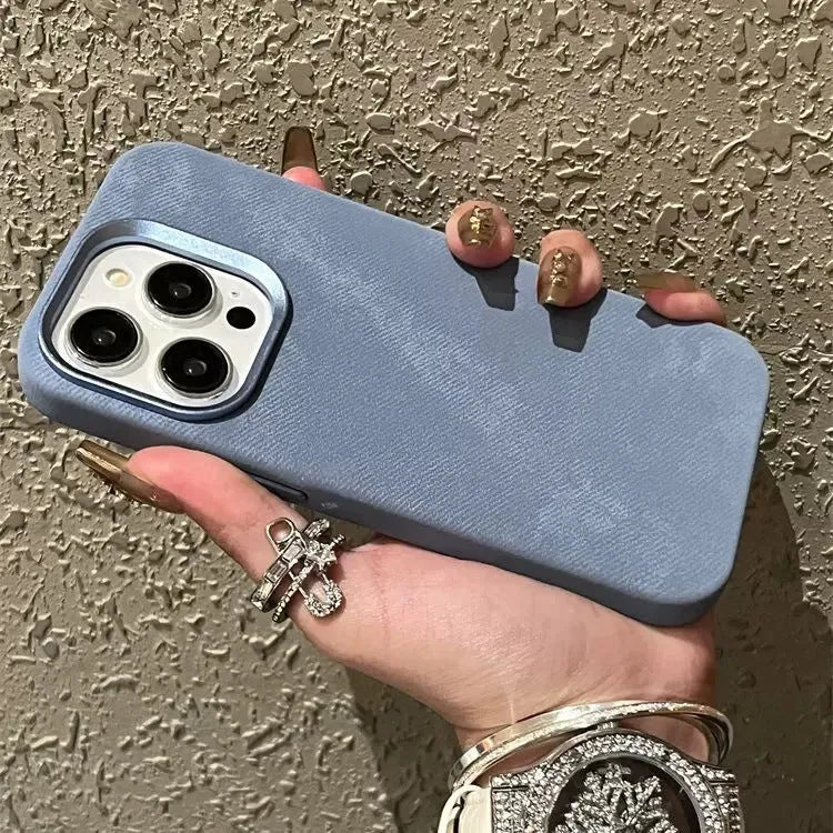 Magnetic leather flannel phone case for Apple iPhone, shown in silver grey colour.