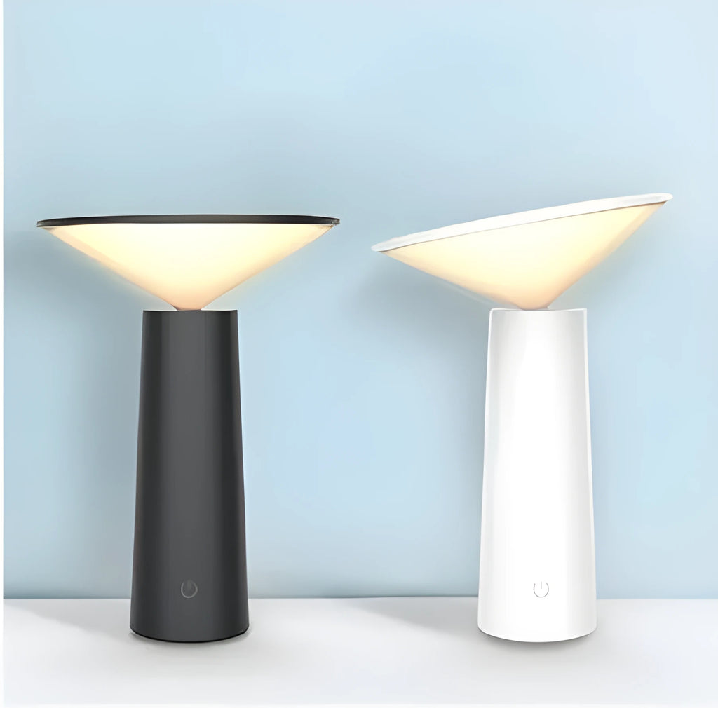 Black USB rechargeable desk lamp with touch sensor, tilted head, and 36 LED light source on a wooden table.