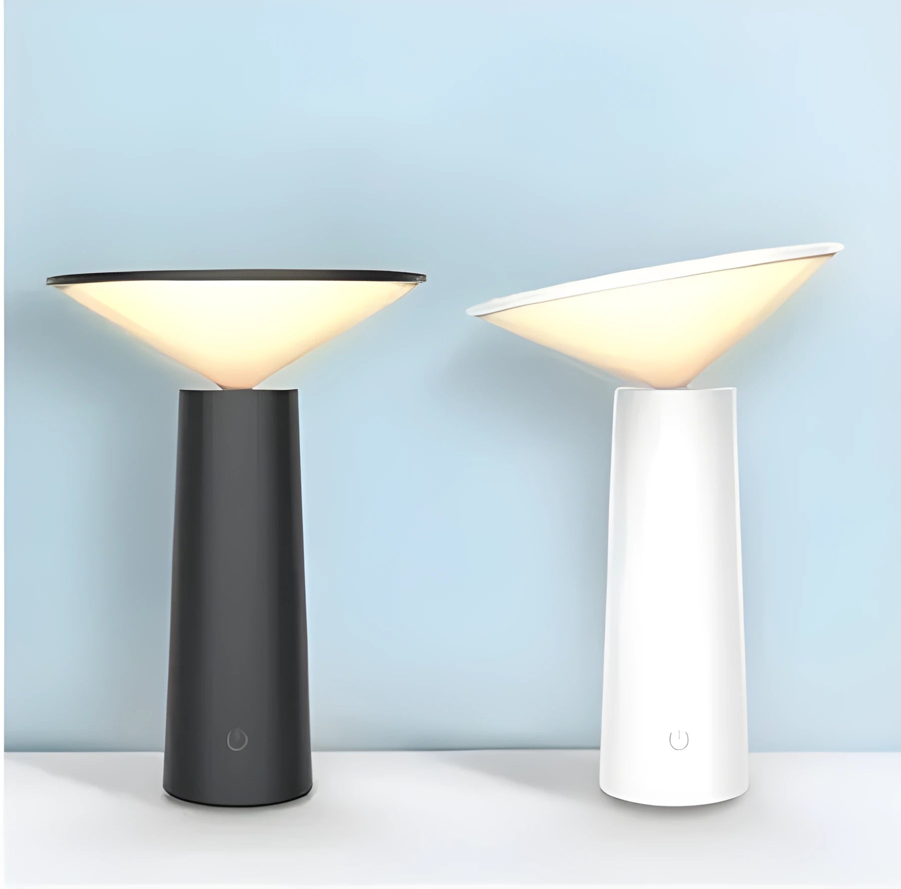 Black USB rechargeable desk lamp with touch sensor, tilted head, and 36 LED light source on a wooden table.