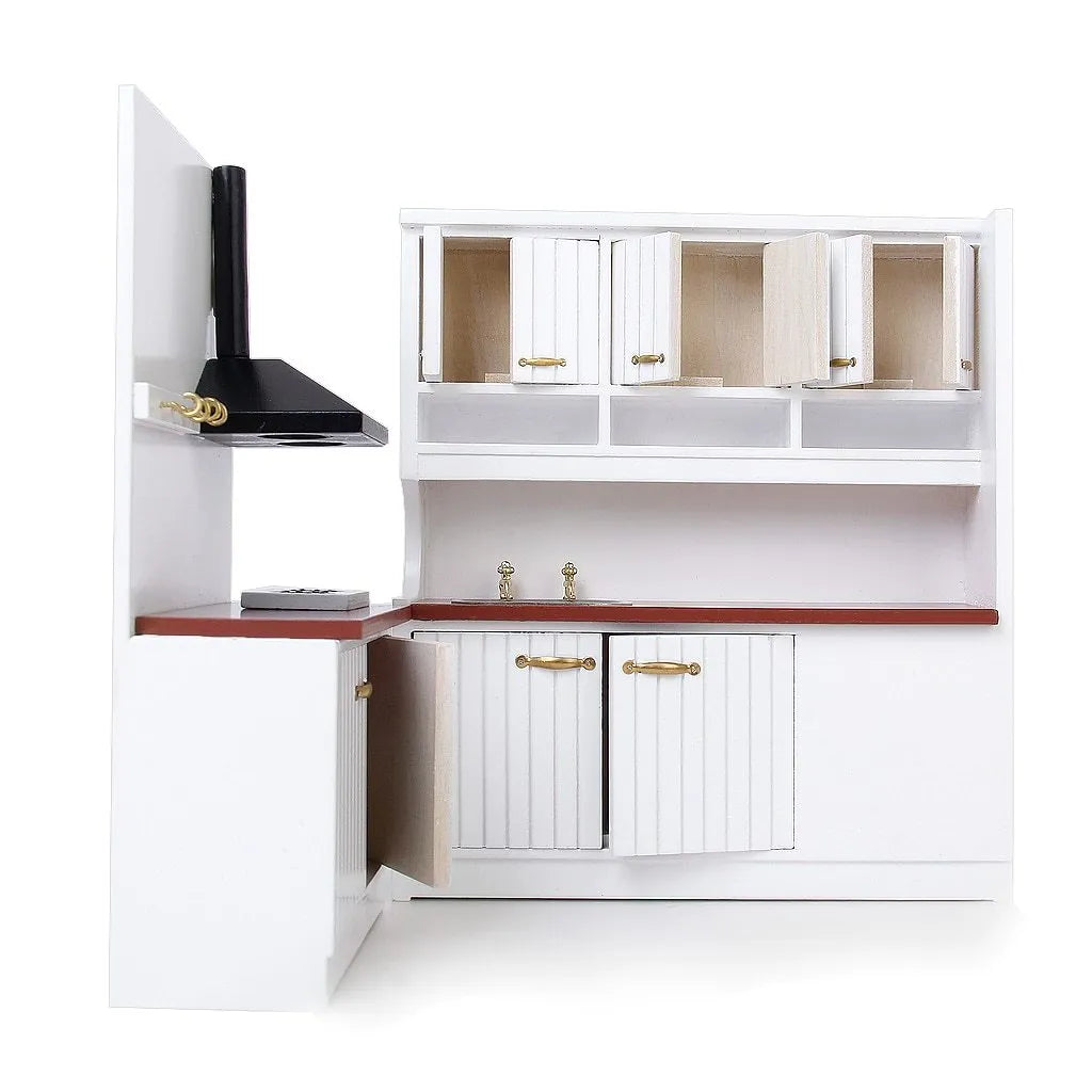 White two-piece dollhouse kitchen cabinets with working doors and metal handles on a birch wood body.