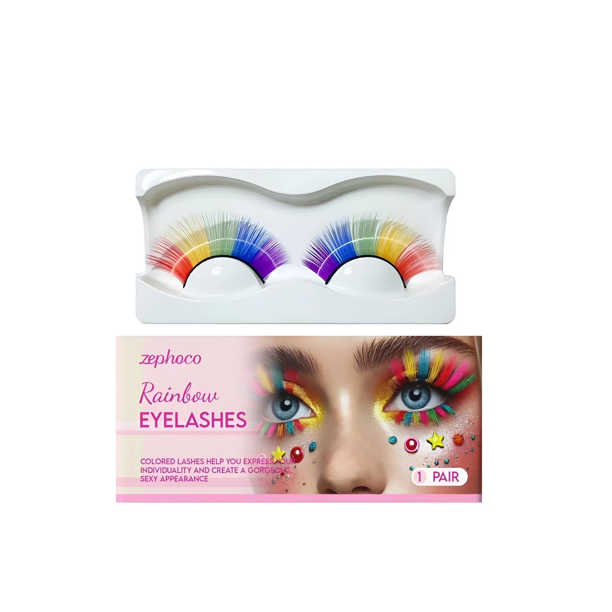 A single pair of rainbow coloured false eyelashes on a white background.