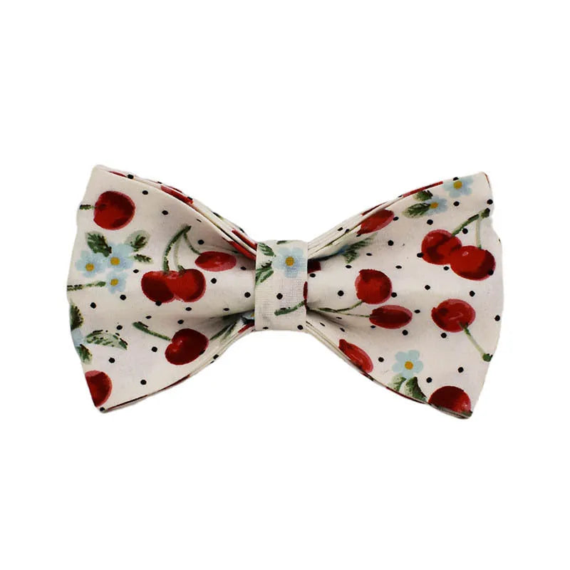Red cherry printed cloth dog collar with light gold buckle and detachable bow strap