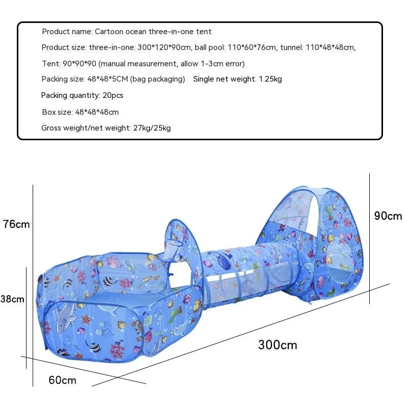 Underwater World themed children's cloth tent with connecting tunnel and ball pool play centre