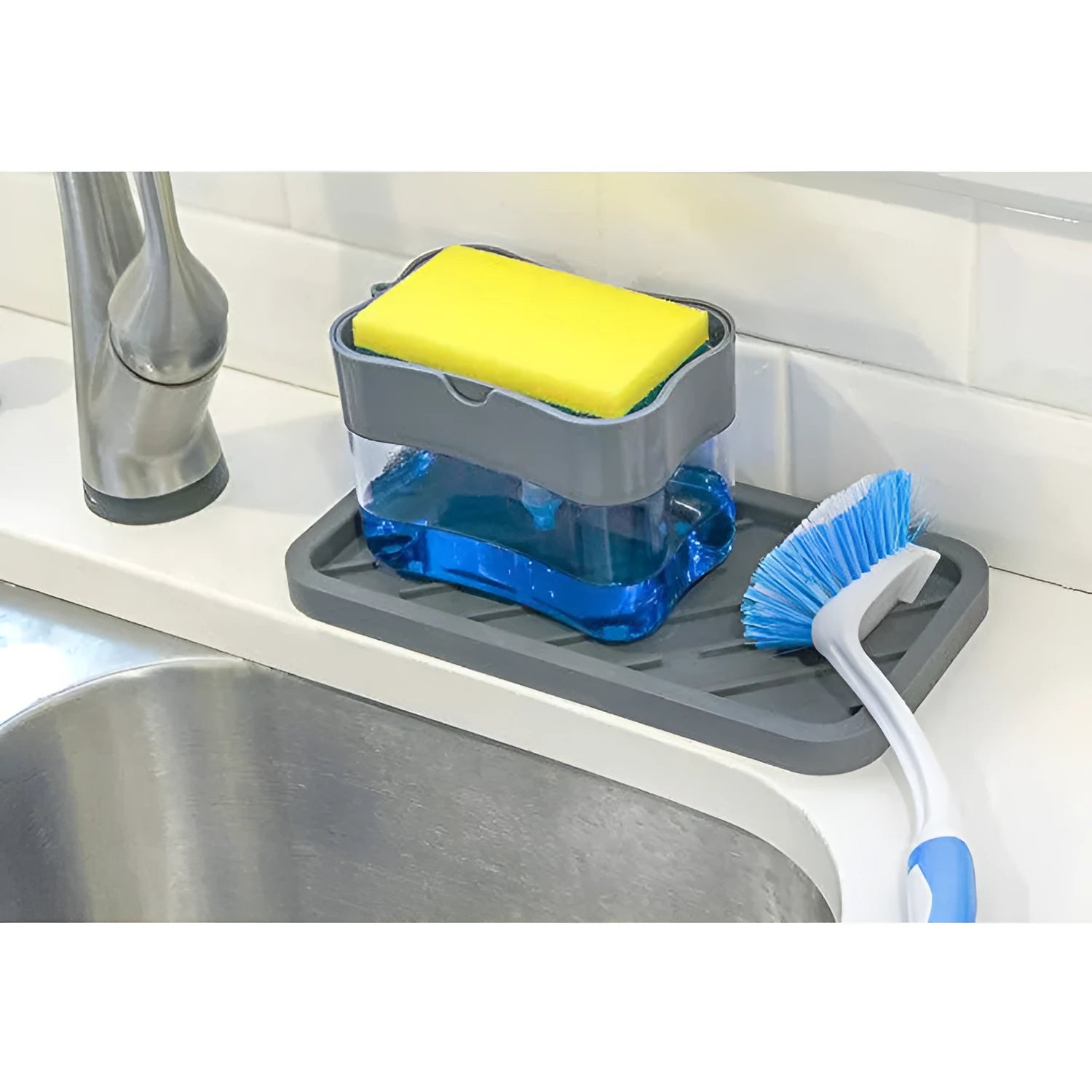 A grey plastic soap dispenser bottle for liquid hand wash on a kitchen counter.