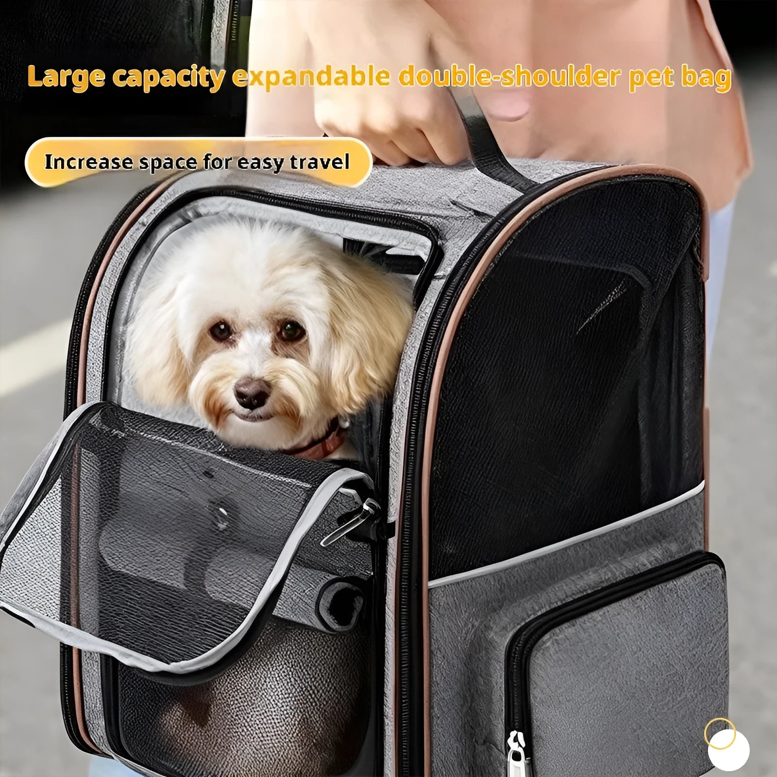 Expandable pet carrier bag in black, 600D Oxford cloth, hard shell, 37x30.5x43.2cm, for small dogs up to 10kg