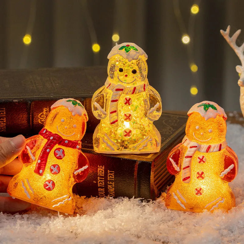Glowing Christmas gingerbread man snowman ornament with a scarf in red, white, clear, or transparent red.