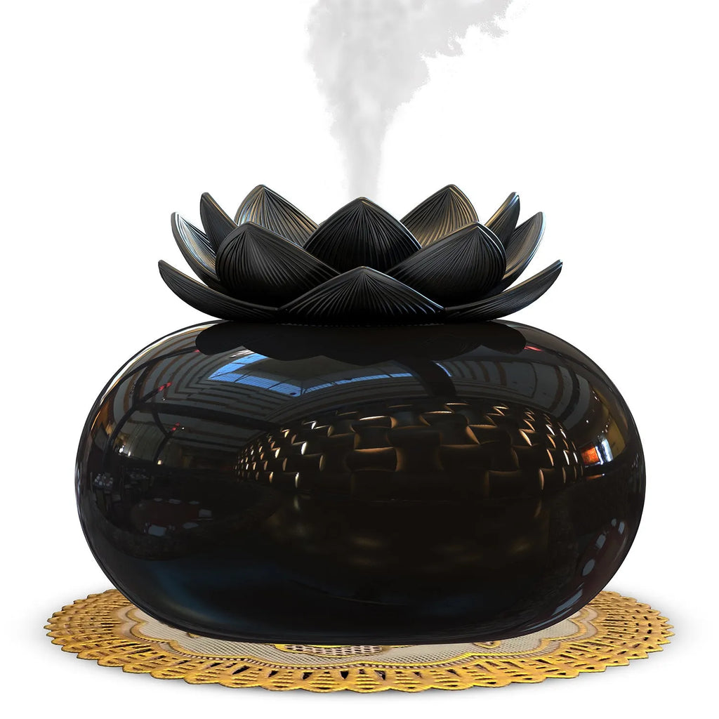 Pure black lotus-shaped ultrasonic humidifier with USB cable connection