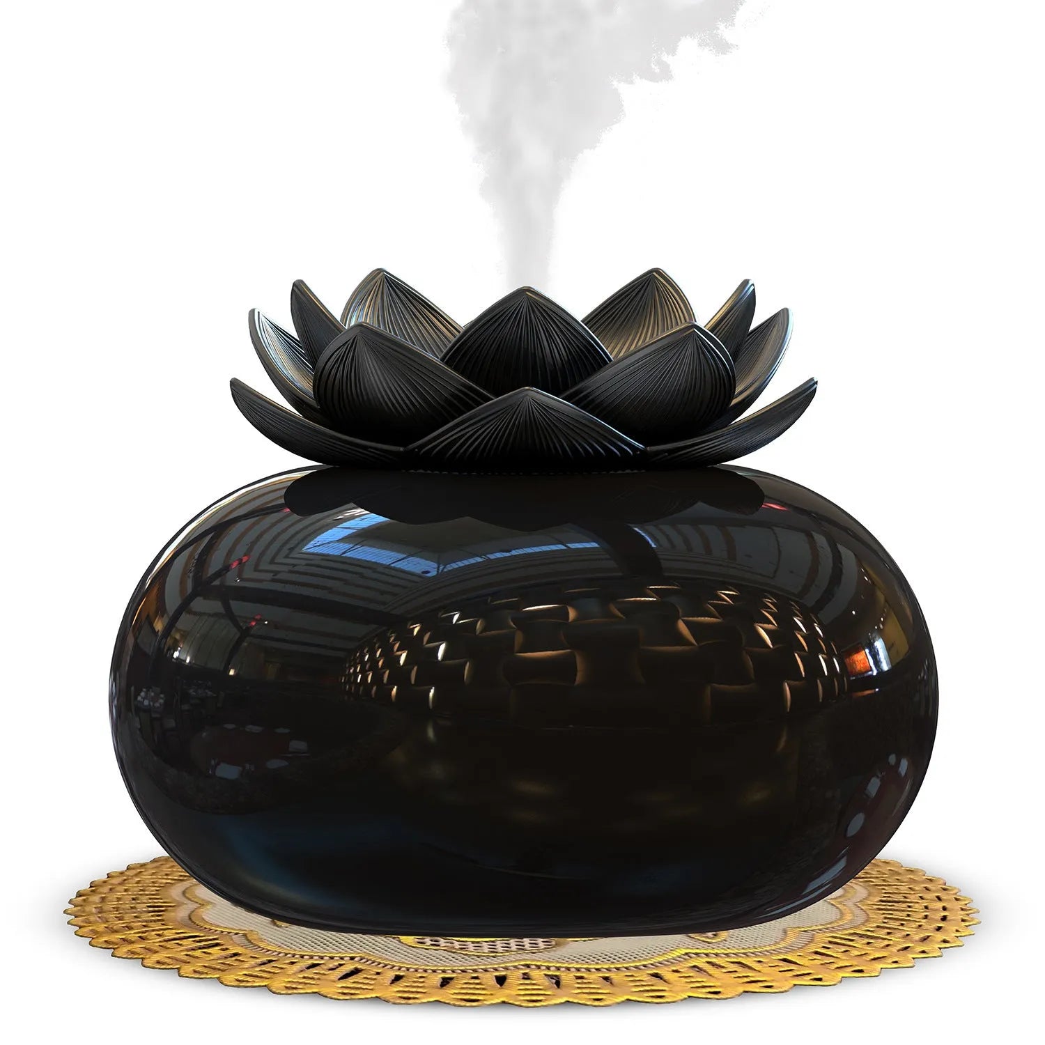 Pure black lotus-shaped ultrasonic humidifier with USB cable connection