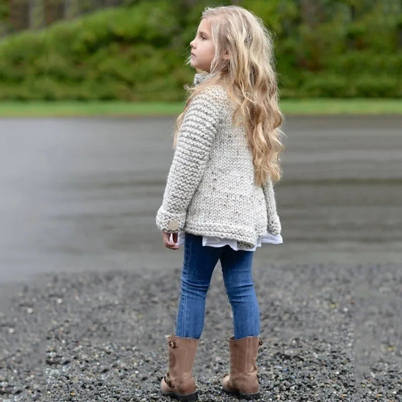 Beige girls cardigan sweater with long sleeves and single-breasted closure