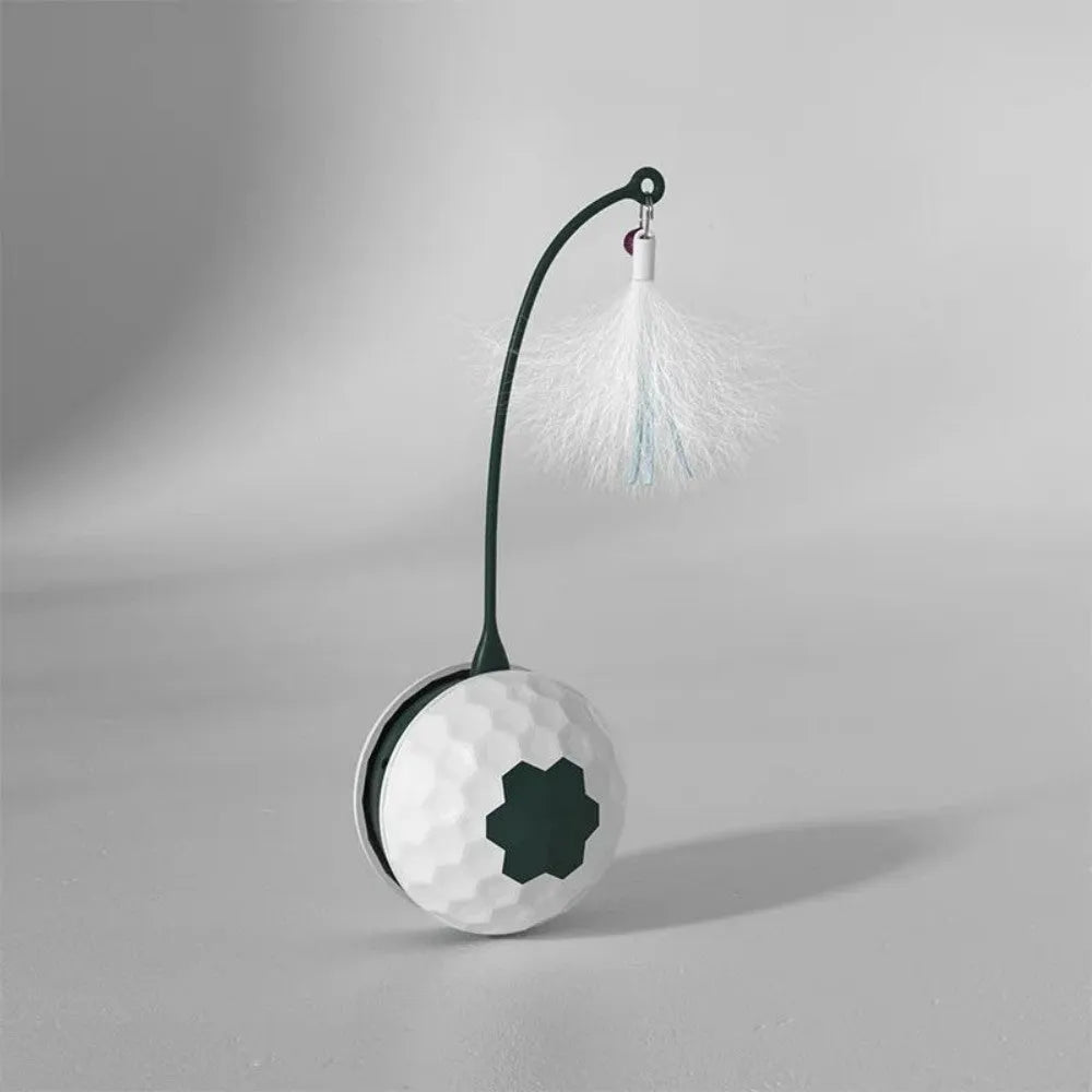 Red or white tumbler cat teaser toy with feather attachment, 71.5mm x 209mm, USB rechargeable