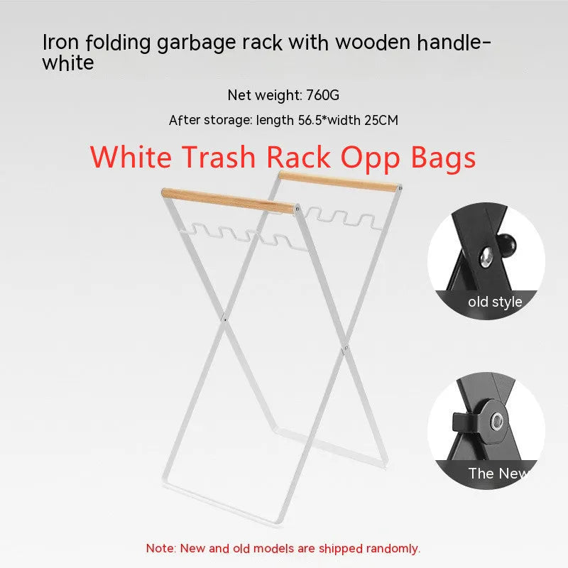 Foldable outdoor trash rack with wooden handle in black or white colour