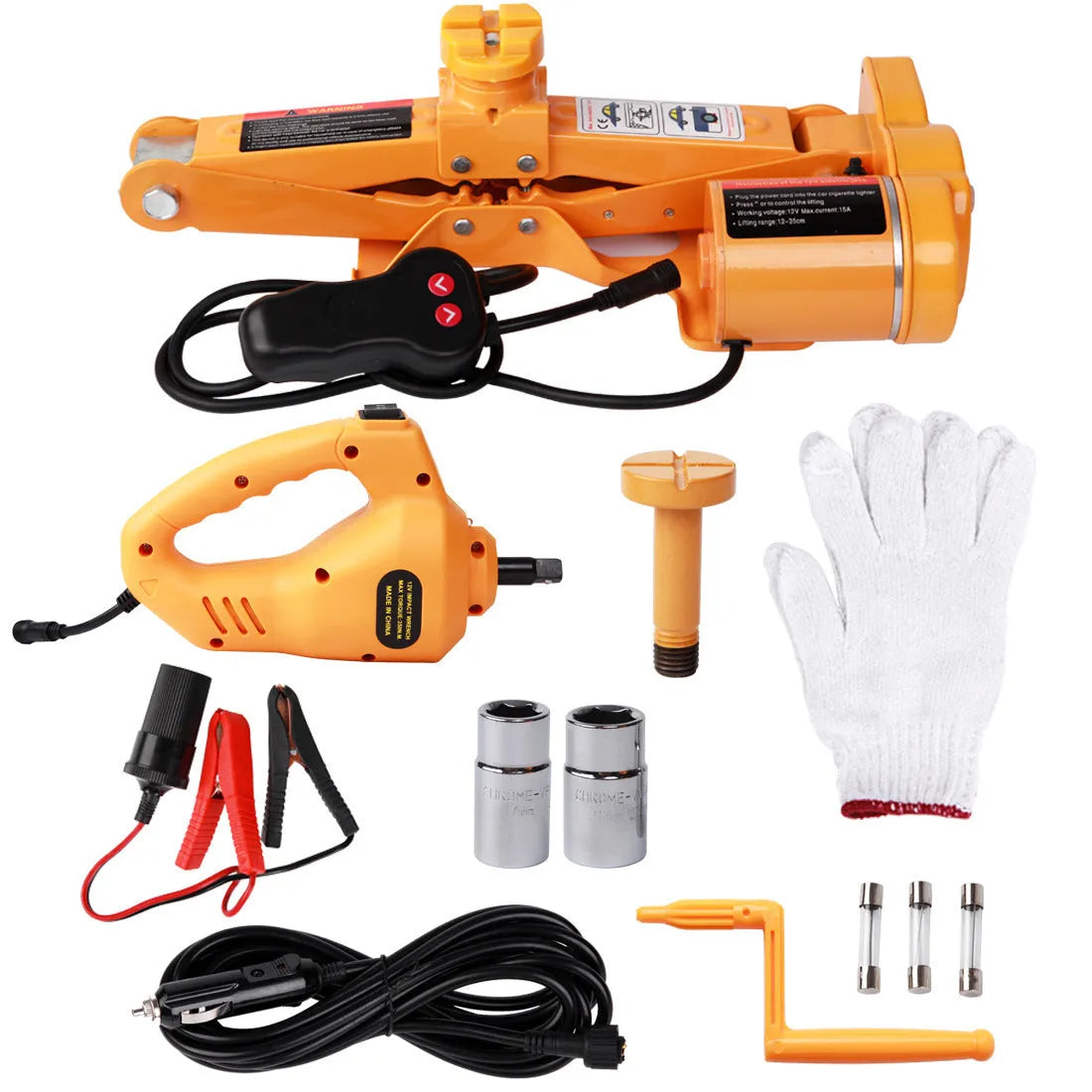 Yellow steel car electric jack set with electric wrench for vehicle tyre changes and maintenance