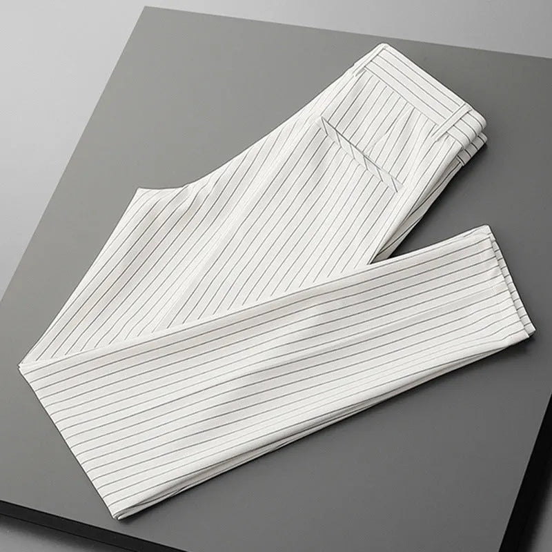 Men's loose fit striped casual suit pants in black and white, showing crop jeans and trousers style options